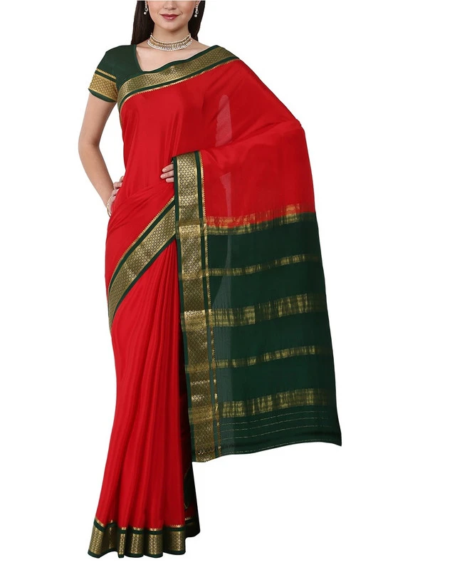 Red with Bottle Green Contrast  Superior Quality Pure Mysore Silk Saree