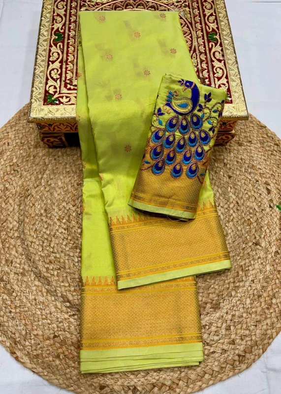 Regal Lite Green Self Semi Silk Paithani Saree with Peacock Embroidery Designer Blouse