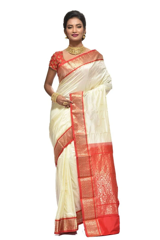 Kanchipuram Pure Silk Saree in Off White with Red Contrast for Durga Pooja