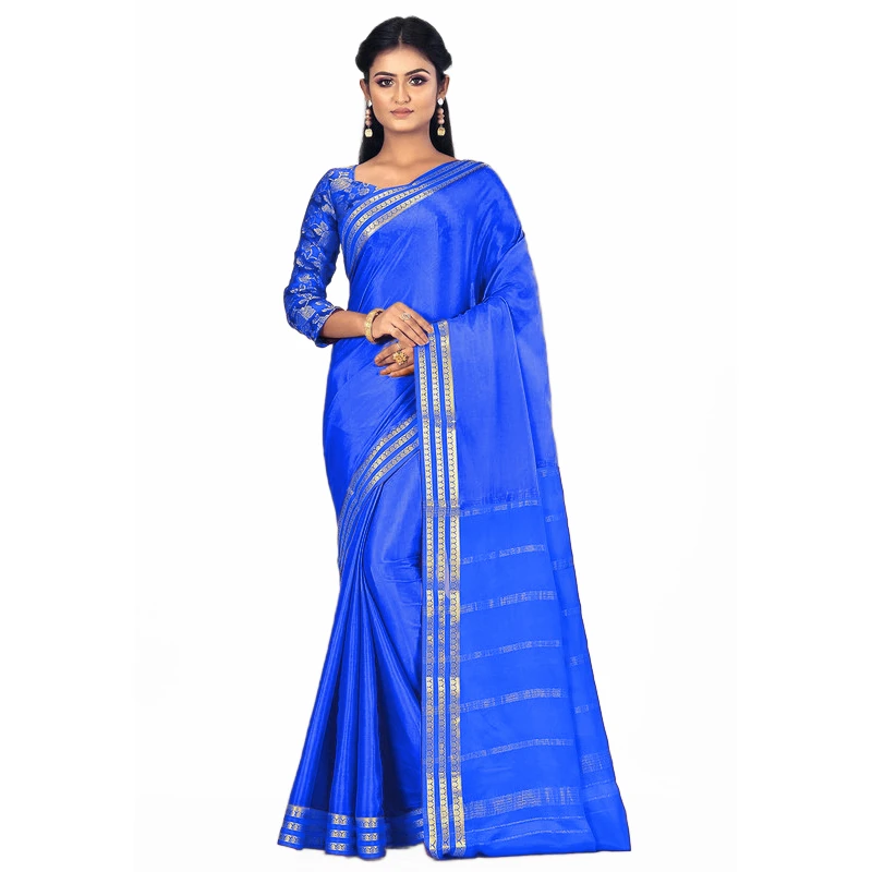 Royal Blue Self Coloured Three Lines Border Pure Mysore Silk Saree with silk Mark