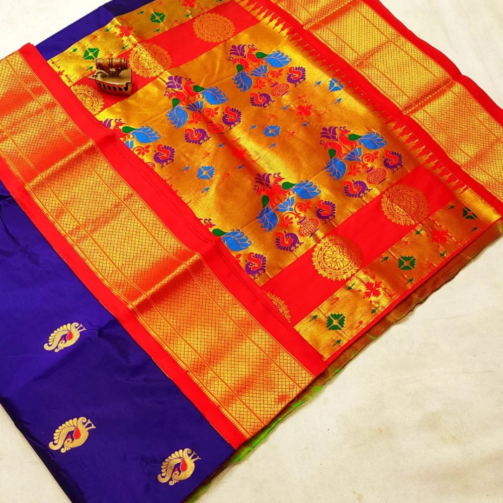 Violet Pure Silk Paithani Saree featuring luxurious silk fabric, rich zari woven borders, elegant traditional motifs