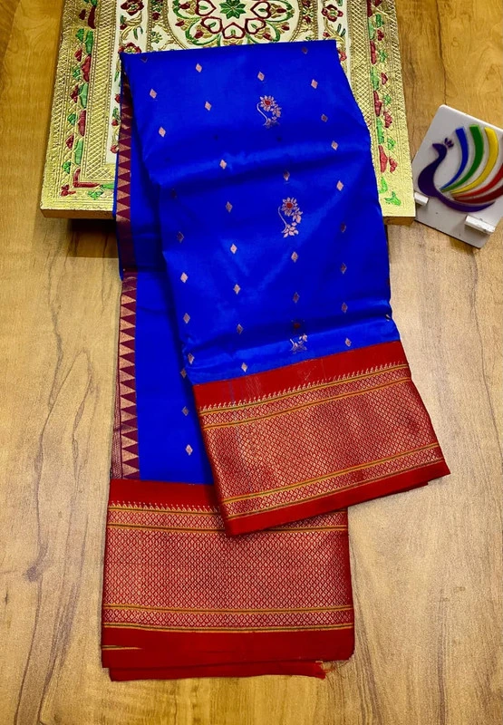 Royal Blue Semi Silk Paithani Saree with Peacock Embroidery Blouse