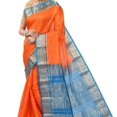 Traditional  ArangetramKanchipuram Pure Silk Saree in Bright Orange with Anandha Blue Contrast 
