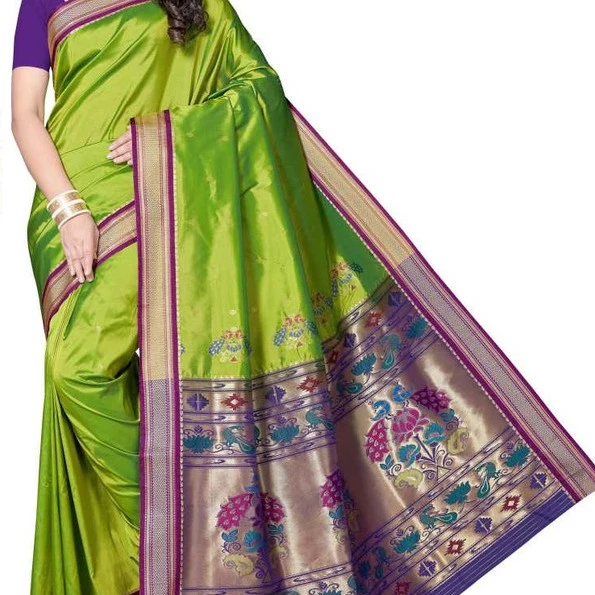 Parrot Green and Voilet Small Border Woven Paithani Art Silk Saree