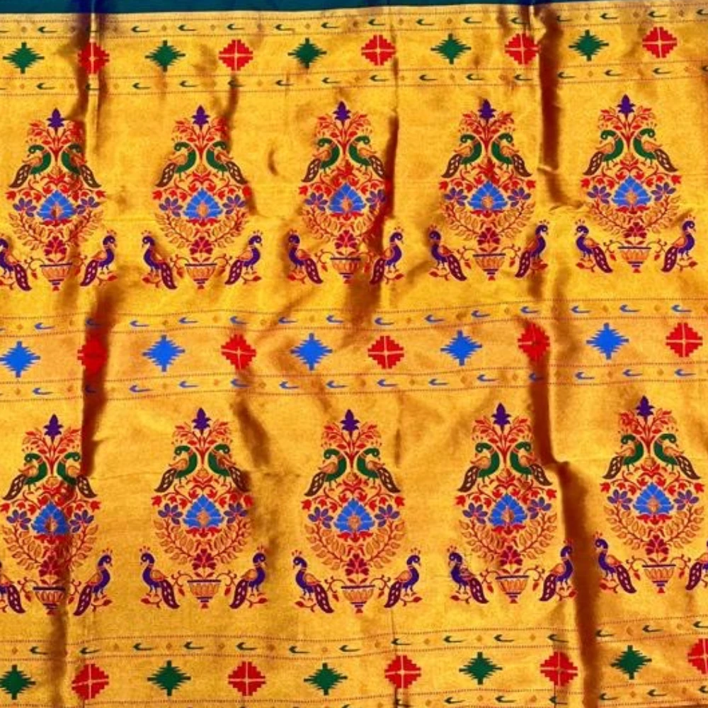 Heritage Rama Blue Self Semi Silk Paithani Saree with Peacock Embroidery Designer Blouse