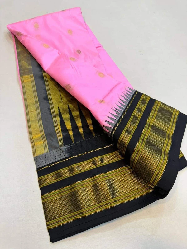 Baby Pink and Black  Border - Traditional Handwoven Ilkaal Butta Saree