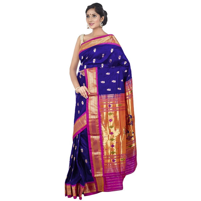 Paithani Pure Silk Royal Blue and Magenta Border Meena Butta Saree with Silk Mark