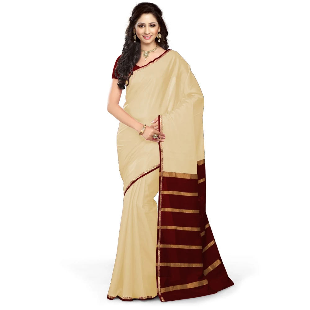 Tussar Cream with Brown Contrast Onam Special Pure Mysore Silk Handwoven saree