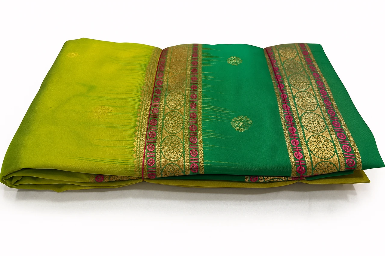 Exclusive  Lime Green and Multicolor Contrast Exclusive Kanchipuram Pure Silk Saree with Bentex Border & Diamond Butta