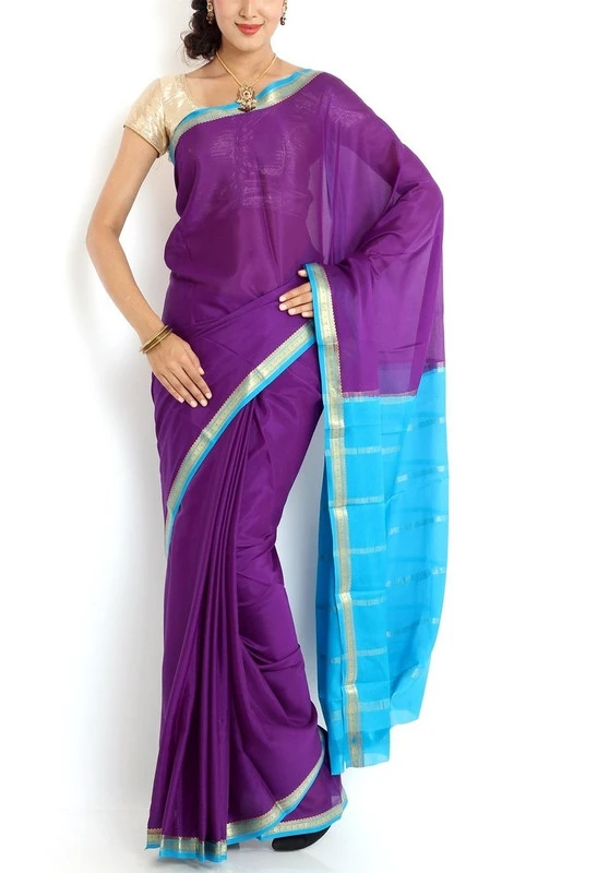 Purple with  Skyblue Contrast Pure Mysore Silk Handwoven saree