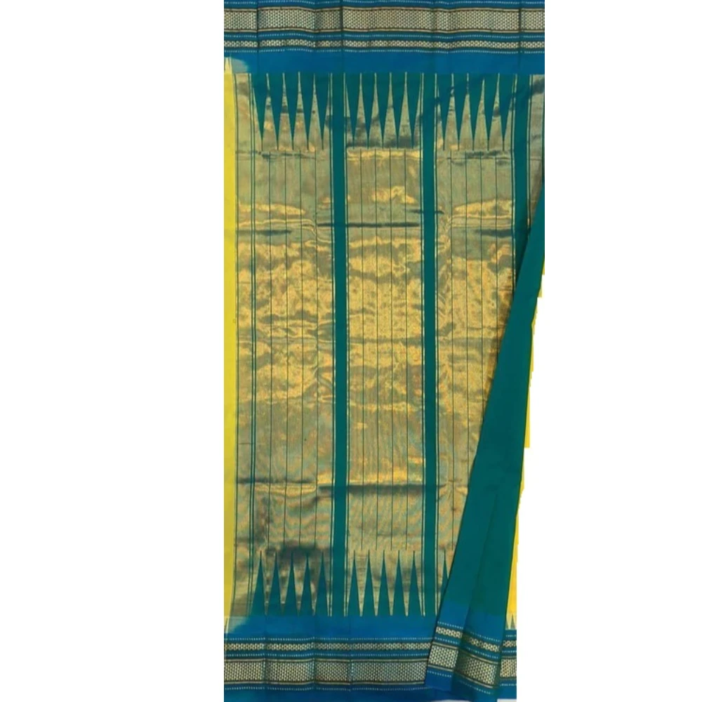 Pure Ilkaal Checks saree in Bottle Green & Turquoise with zari border and traditional woven patterns