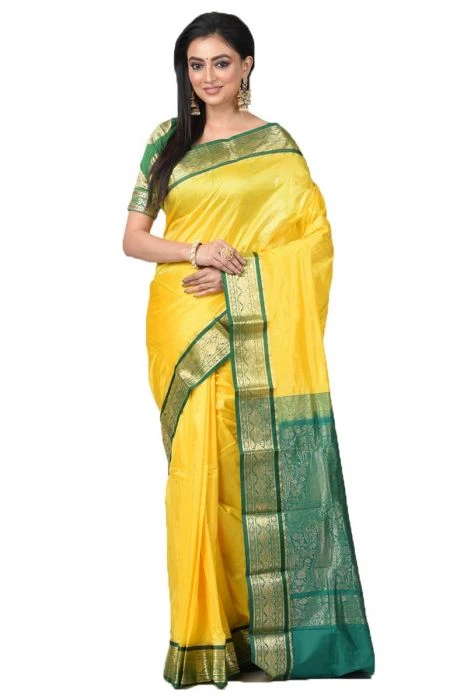 Nine Yards Kanchipuram Pure Silk Saree in Yellow with Green Contrast