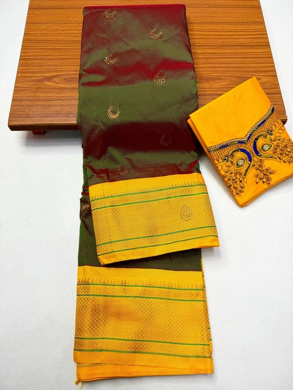 Dual Tone Maroon & Yellow Semi Silk Paithani saree with peacock embroidery blouse and traditional border
