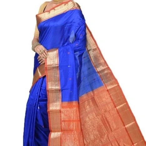 Royal Blue and Orange Contrast Traditional Sarees for Arangetram in Kanjeevaram Silk