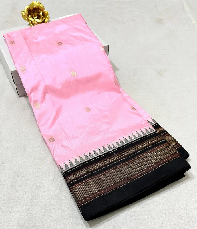 Soft Pink pure Ilkaal Butta saree with Black zari contrast border and traditional gold motifs