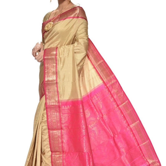 Traditional Arangetram Kanchipuram Pure Silk Saree in Chikku with Rani Pink Contrast 