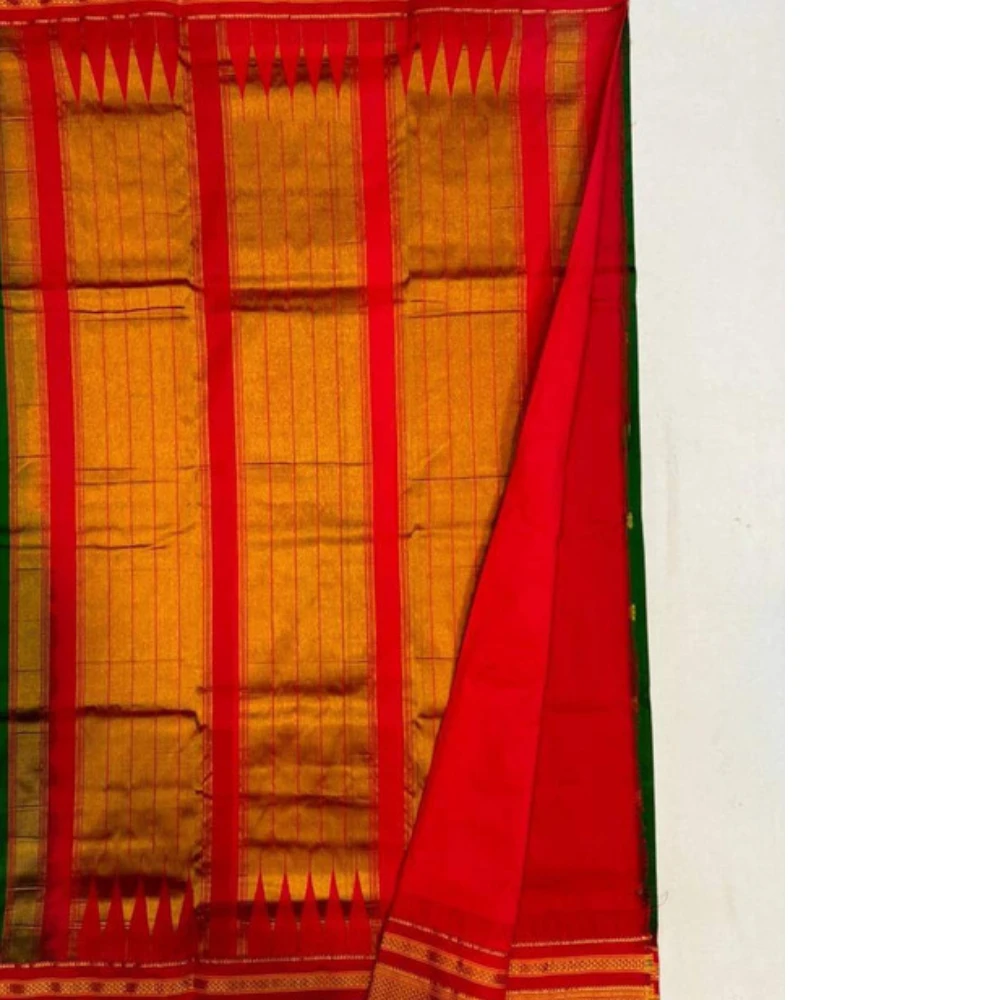 Red Ilkaal Butta pure silk saree with zari border and traditional woven patterns