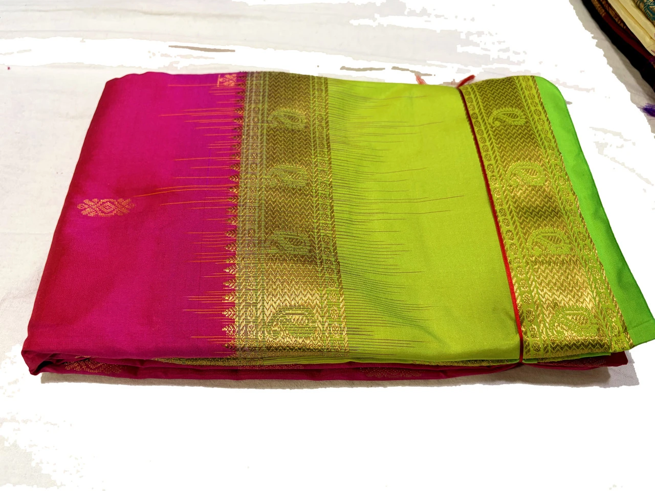 Pink & Lime Green Kanchipuram Pure Silk Saree with Blouse