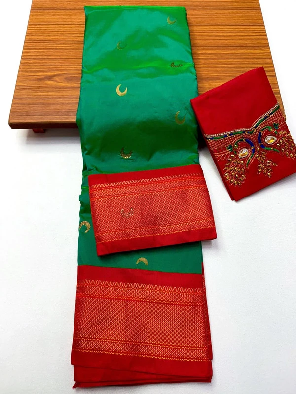 Emerald Green & Red Semi Silk Paithani saree with peacock embroidery blouse and traditional border