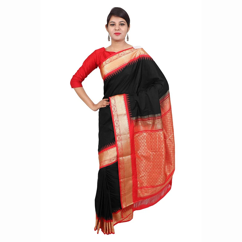 Black with Red Pallu Handwoven Pure Bangalore Silk Kadiyal Saree with Silk Mark