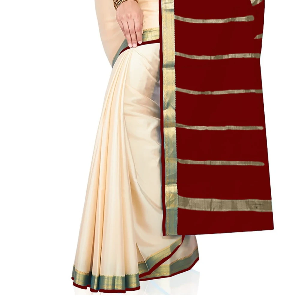 Tussar Cream with Marron Contrast Onam Special Pure Mysore Silk Handwoven saree