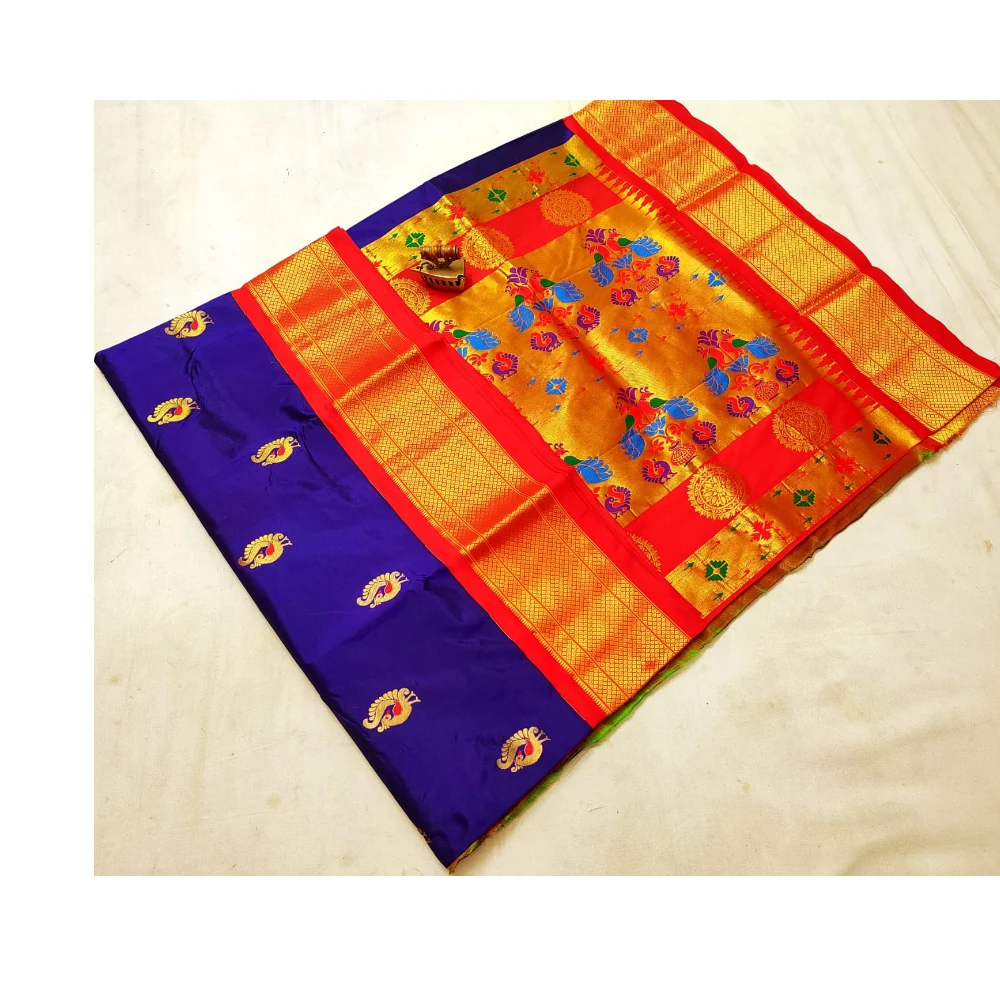 Royal Blue Pure Silk Paithani Saree featuring luxurious silk fabric, rich zari woven borders, elegant traditional motifs
