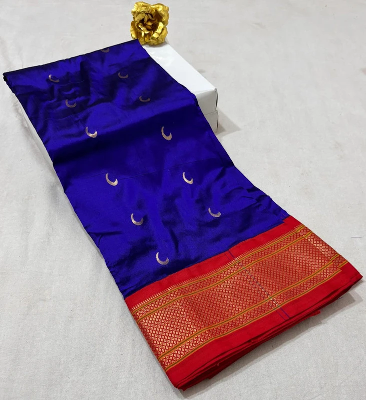 Royal Blue with Red Border Paithani Pure Silk Saree with Meena Butta weaving and traditional zari border