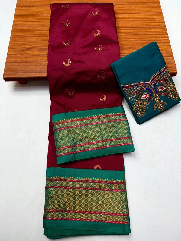 Maroon & Green Semi Silk Paithani saree with peacock embroidery blouse and traditional border