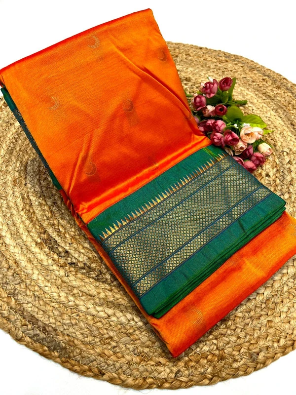 Vibrant Orange Pure Silk Paithani Saree with Peacock Motifs & Rich Teal Zari Border