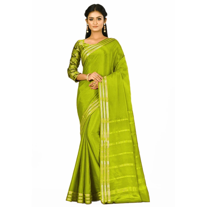 Yellowish Green Self Coloured Three Lines Border Pure Mysore Silk Saree with silk Mark