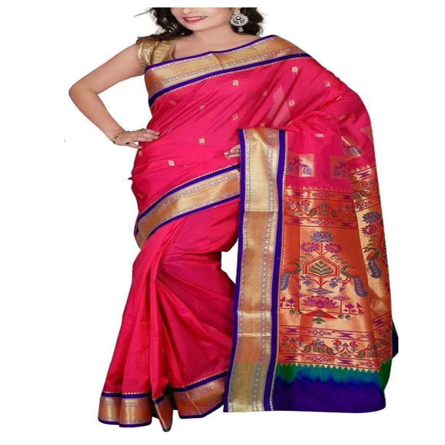 Rani Pink and Green Border Kadiyal Variety Woven Paithani Art Silk Saree