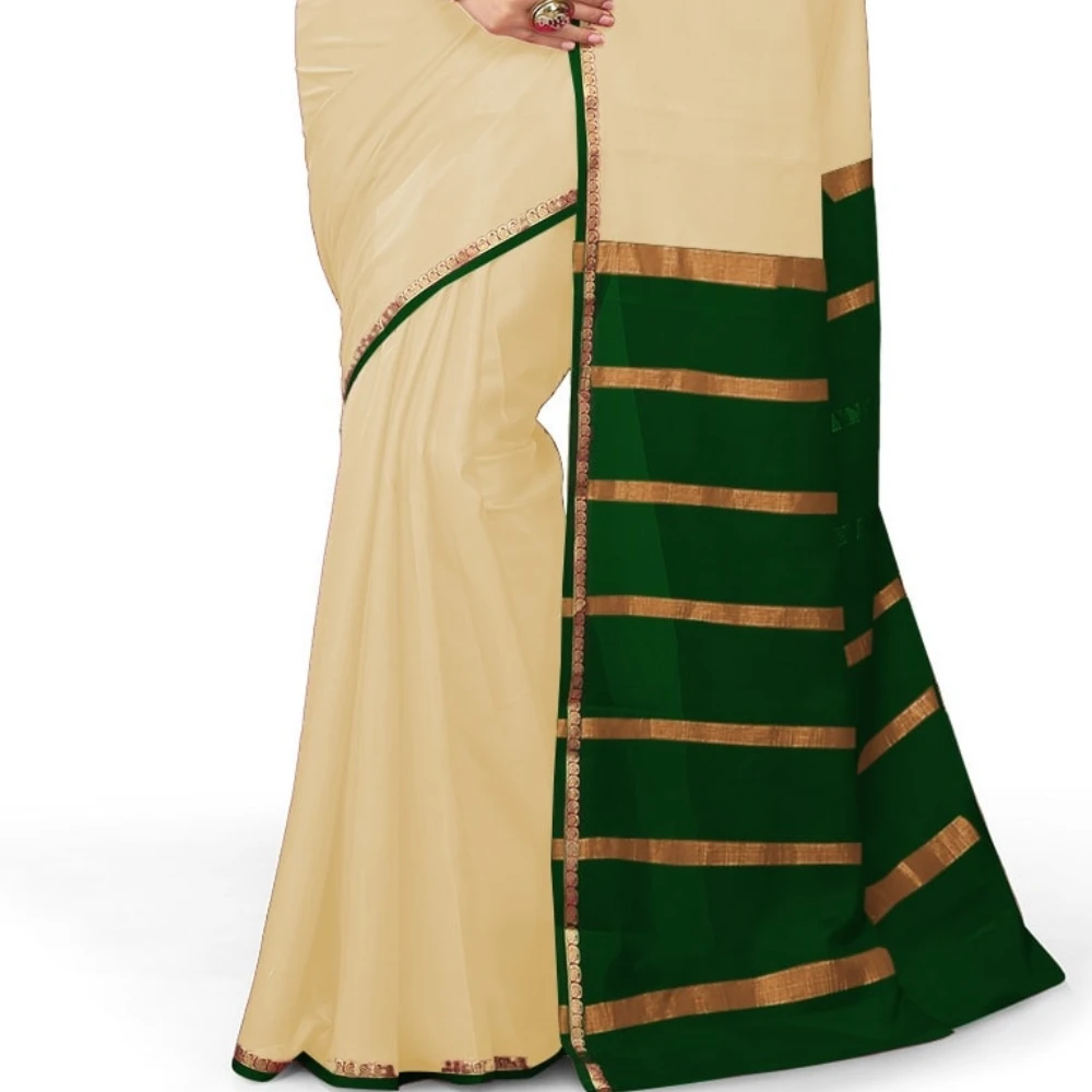 Tussar Cream with Green Contrast Onam Special Pure Mysore Silk Handwoven saree