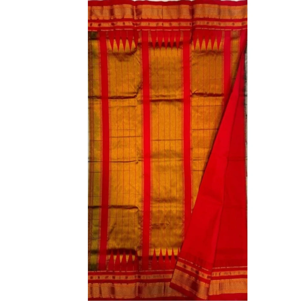 Sea Green pure Ilkaal Butta saree with Pink zari contrast border and traditional gold motifs