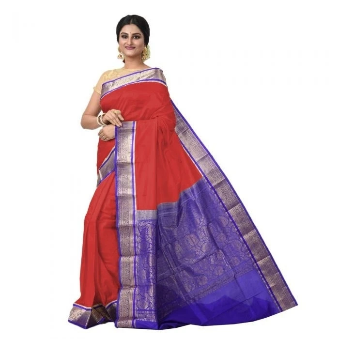 Red and Violet Contrast Traditional Kanchipuram Pure Silk Saree