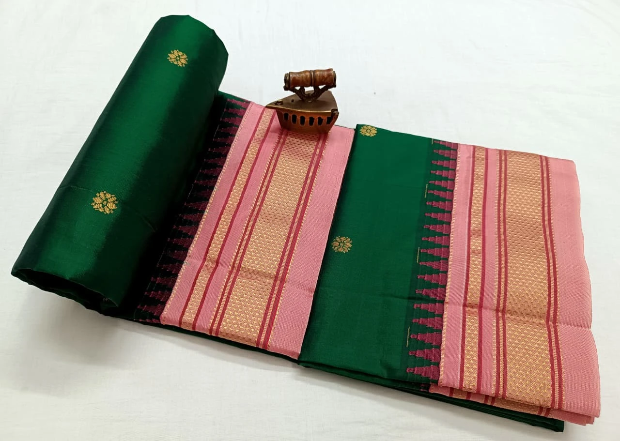 Dark Green  Ilkaal Butta pure silk saree with zari border and traditional weaving