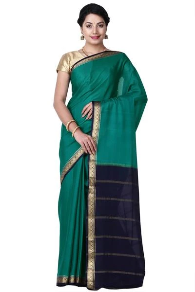 Rama Green and Royal Blue with Marron  Handwoven Pure Mysore Silk saree