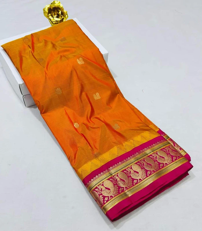 Orange Gadwal Paithani Pure Dual Tone Silk Saree with Rich Contrast Rani  Border