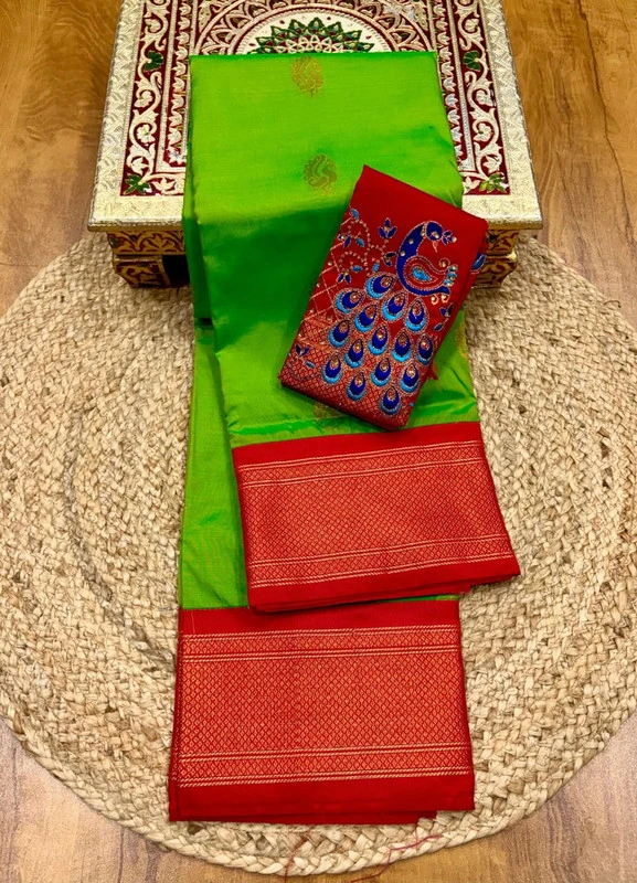 Emerald Green and Red Semi Silk Paithani Saree with Peacock Embroidery Designer Blouse