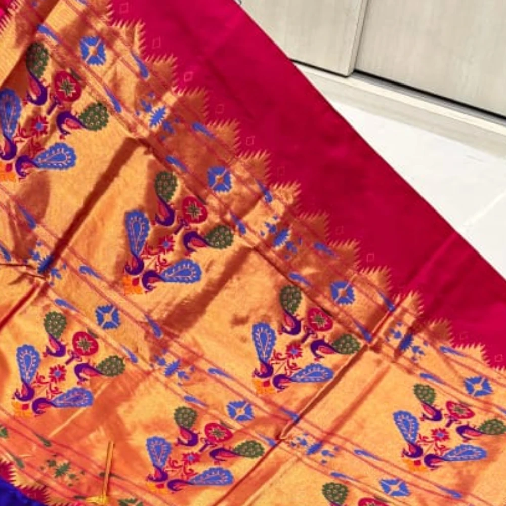 Blue wth Rani Border Semi Silk Paithani Saree with Peacock Embroidery Blouse