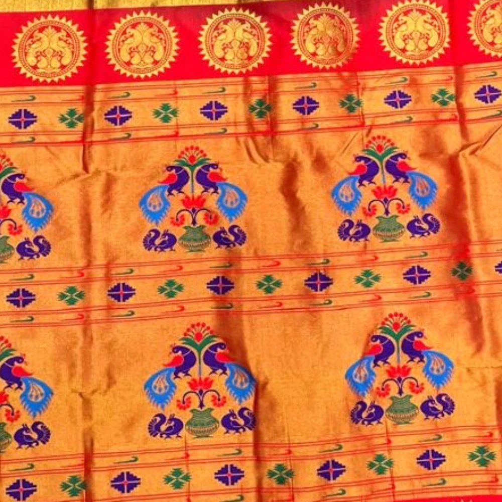 Orange and Green Border Semi Silk Paithani Saree with Peacock Embroidery Blouse