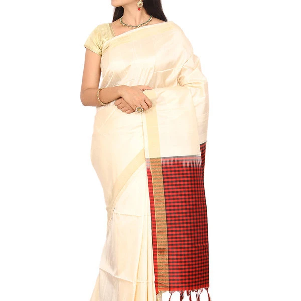 Kanchipuram Dupion Pure Silk  Saree in Cream with Red and Black Pallu Fancy Saree
