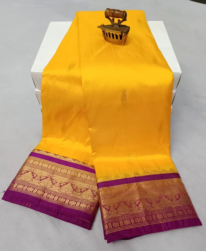 Golden Yellow with Red Contrast traditional silk saree with zari border for festive and wedding wear