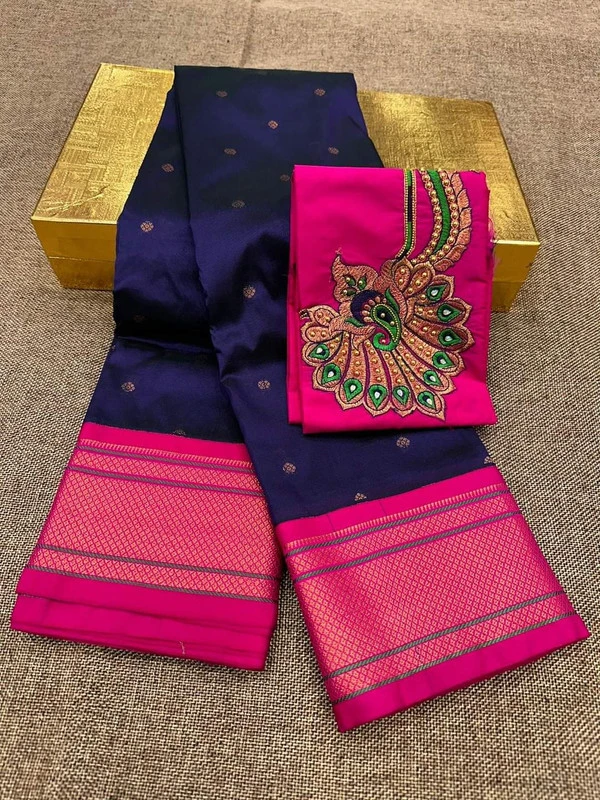 Navy & Pink Semi Silk Paithani Saree with Peacock Embroidery Blouse