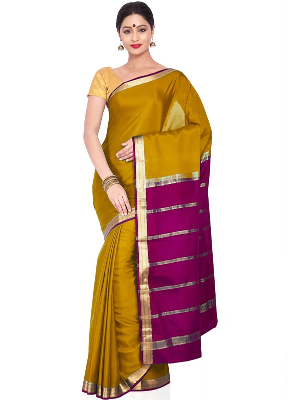 Mustard Orange with Brown Contrast Pure Mysore Silk Handwoven saree