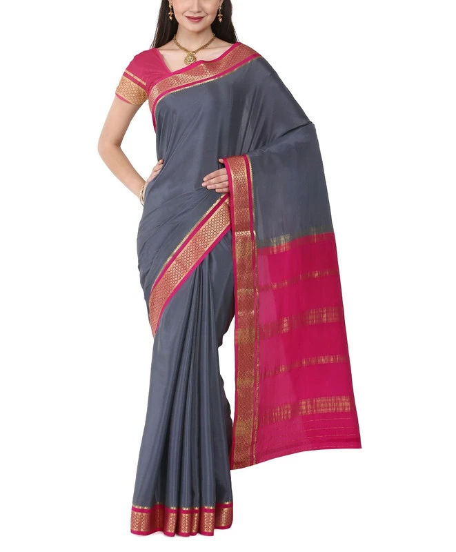 Cement Grey with Rani Pink Contrast  Superior Quality Pure Mysore Silk Saree