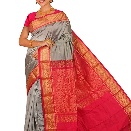 Traditional Arangetram Kanchipuram Pure Silk Saree in Metallic Grey with Red Contrast 