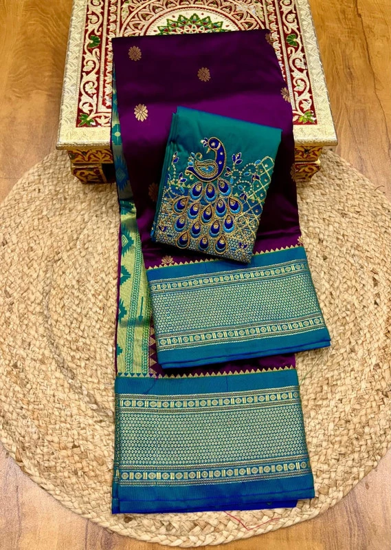 Magenta and Ananda Blue Semi Silk Paithani Saree with Peacock Embroidery Designer Blouse