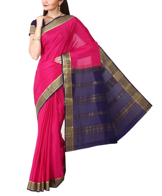 Rani Pink with Royal Blue Contrast  Superior Quality Pure Mysore Silk Saree