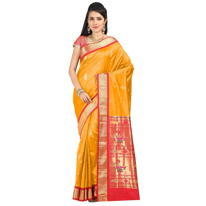 Paithani Pure Silk Mustard Orange and Red Border Meena Butta Saree with Silk Mark
