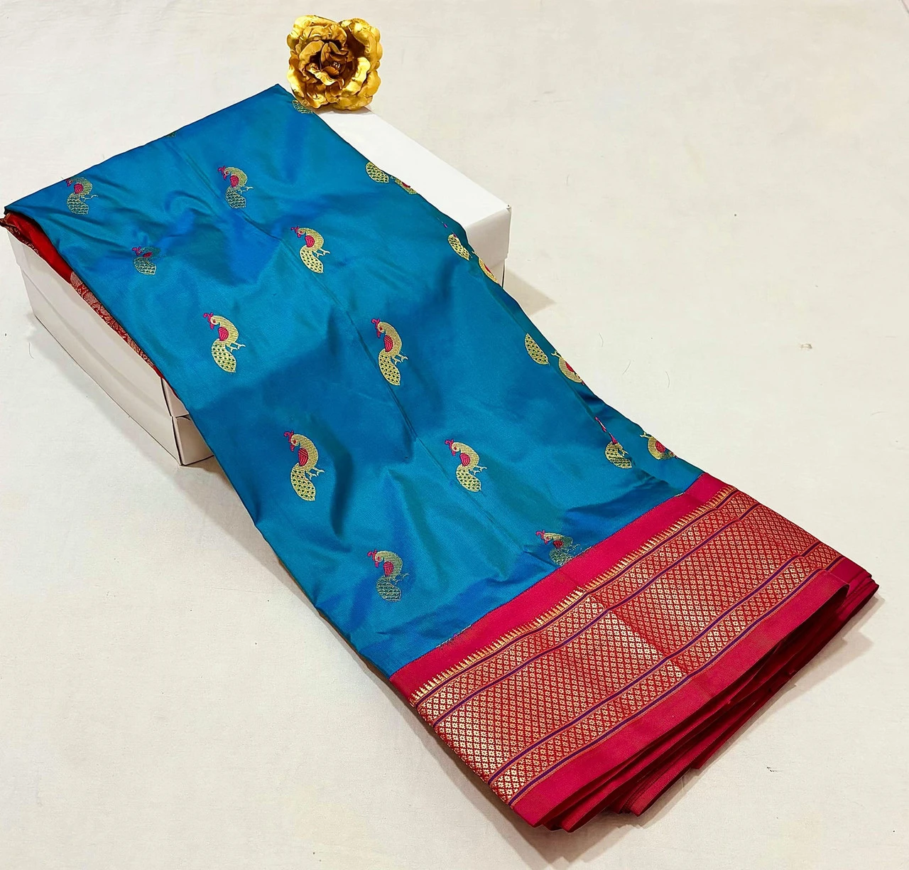 Sky Blue Pure Silk Paithani Saree with Peacock Embroidery Blouse & Rani Pink Zari Border